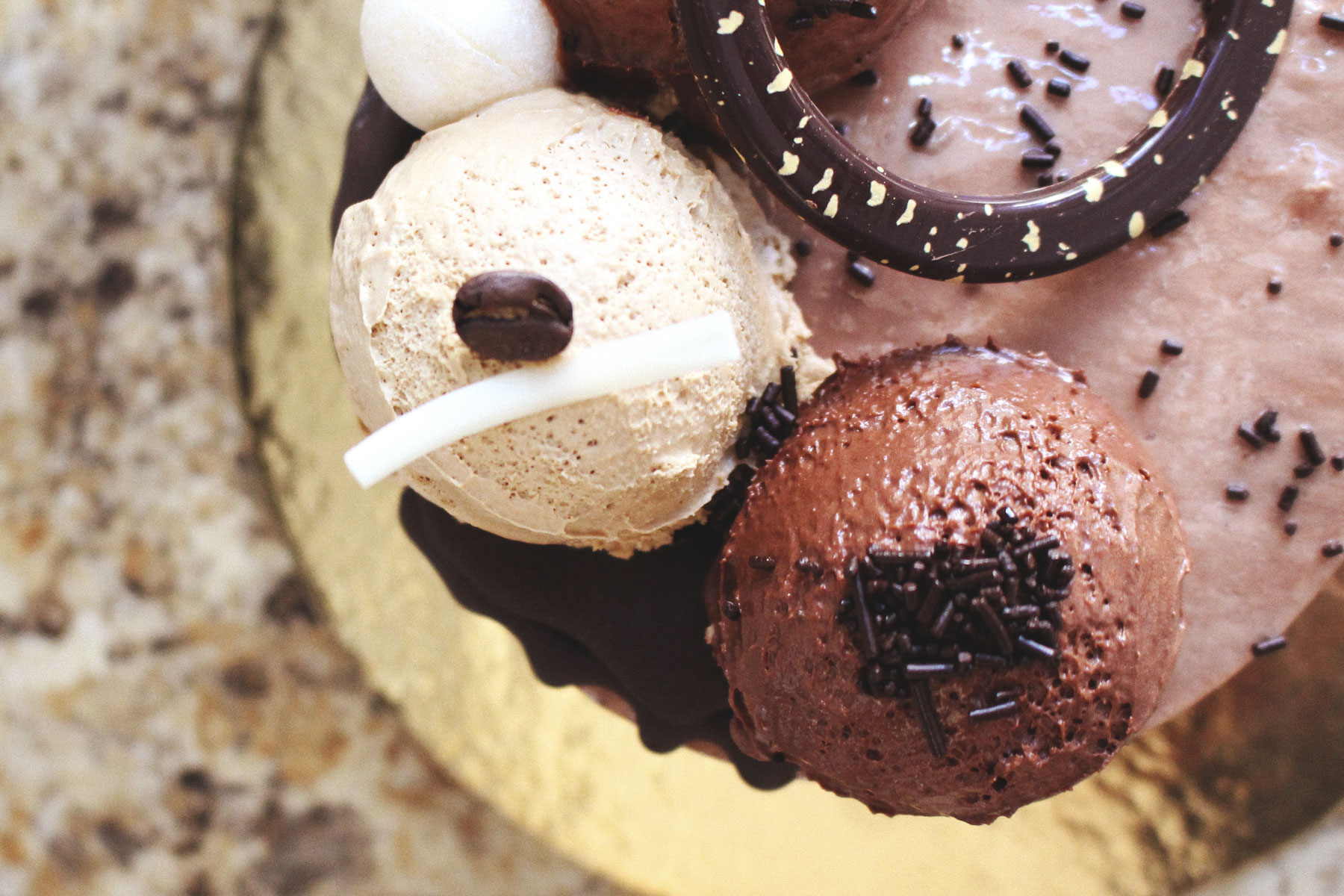 chocolate and vanilla gelato on cake